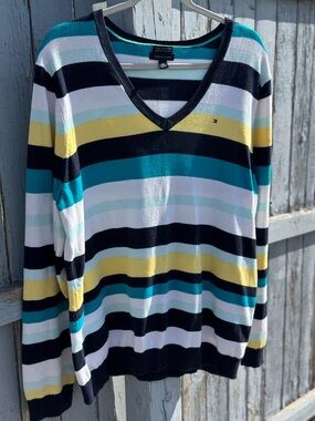 Tommy Hilfiger Striped V-Neck Sweater Prima Cotton Classic Preppy Logo Casual